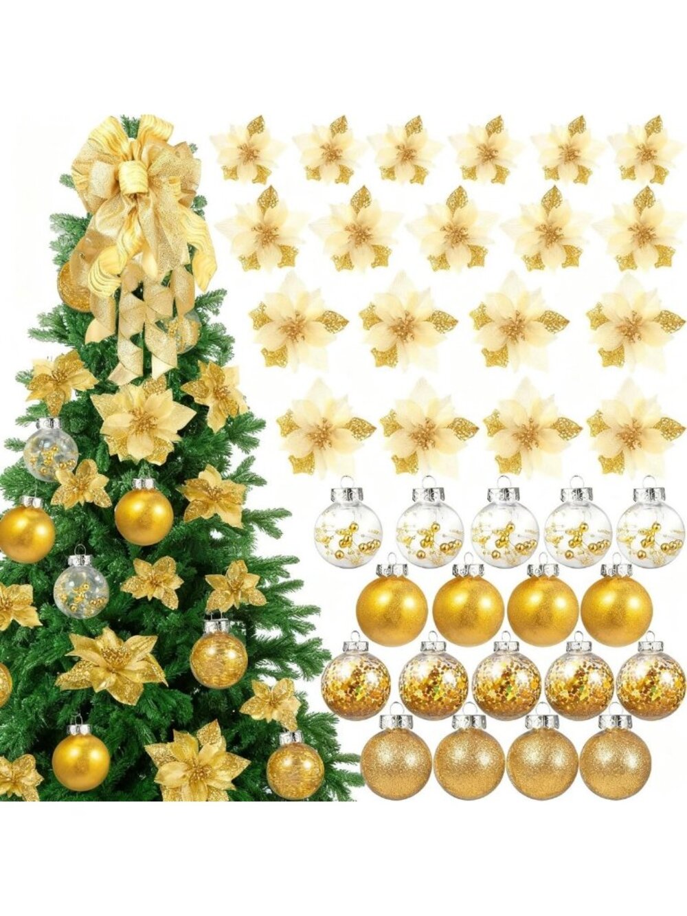 49 Pcs Gold Christmas Tree Decor Set - Glitter Poinsettia, Ornaments & Bow for